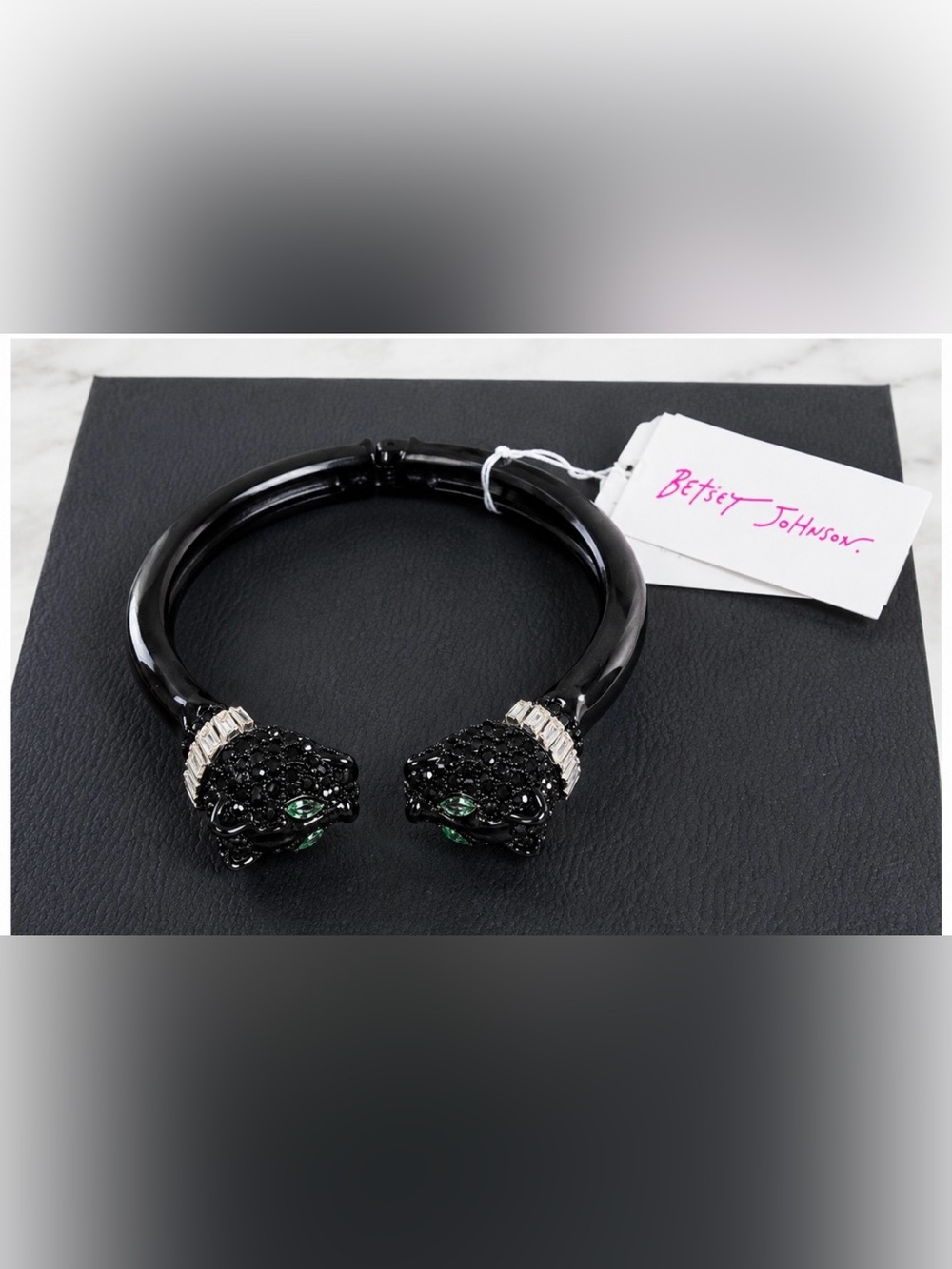 Betsey Johnson Black Panther Leopard Rhinestone Cuff Bracelet Green Eyes NWT
